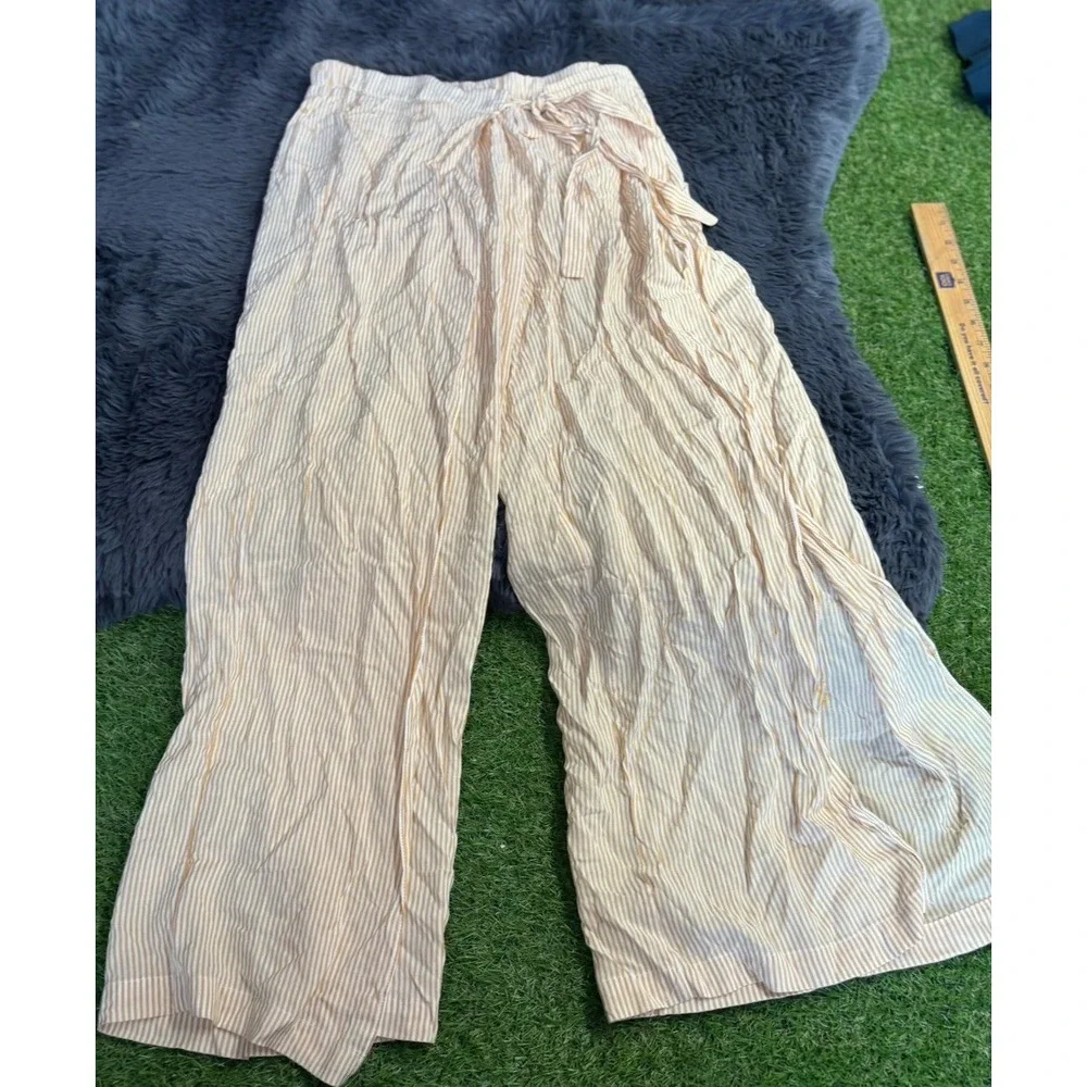 Women's M Flowy High Waisted Elegant Split Stripe‎ Wide Leg New Waist Tie